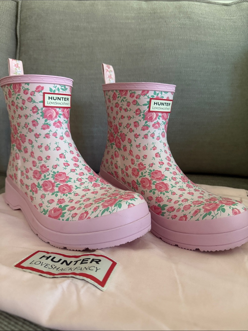 HUNTER x LoveShackFancy Play Short Rain Boots Pink Floral size 9